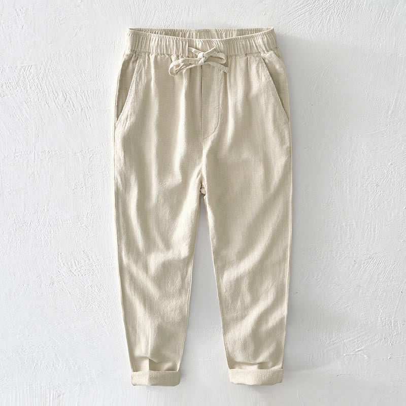 Pantaloni da uomo in lino ramiè con coulisse, casual, tinta unita, design semplice, con tasche, Buddha Stones - Verga d'oro chiaraGiallo - US/UK/AU44, EU54 (4XL) - image 0