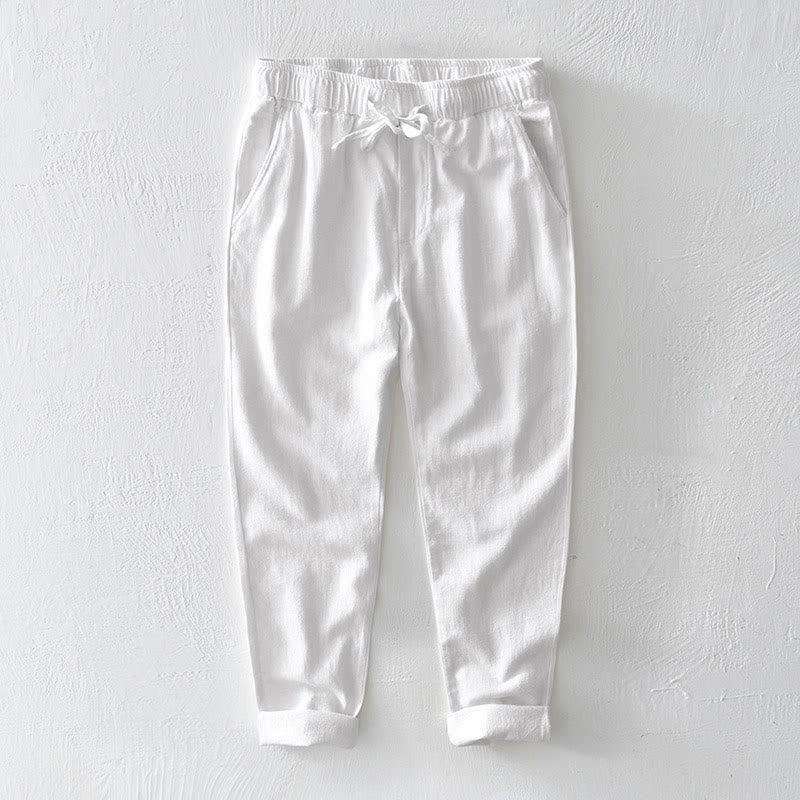 Pantaloni da uomo in lino ramiè con coulisse, casual, tinta unita, design semplice, con tasche, Buddha Stones - Bianco - US/UK/AU44, EU54 (4XL) - image 6