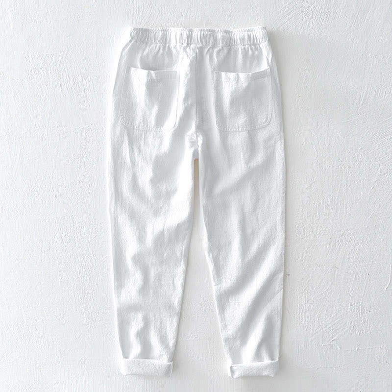 Pantaloni da uomo in lino ramiè con coulisse, casual, tinta unita, design semplice, con tasche, Buddha Stones - image 7