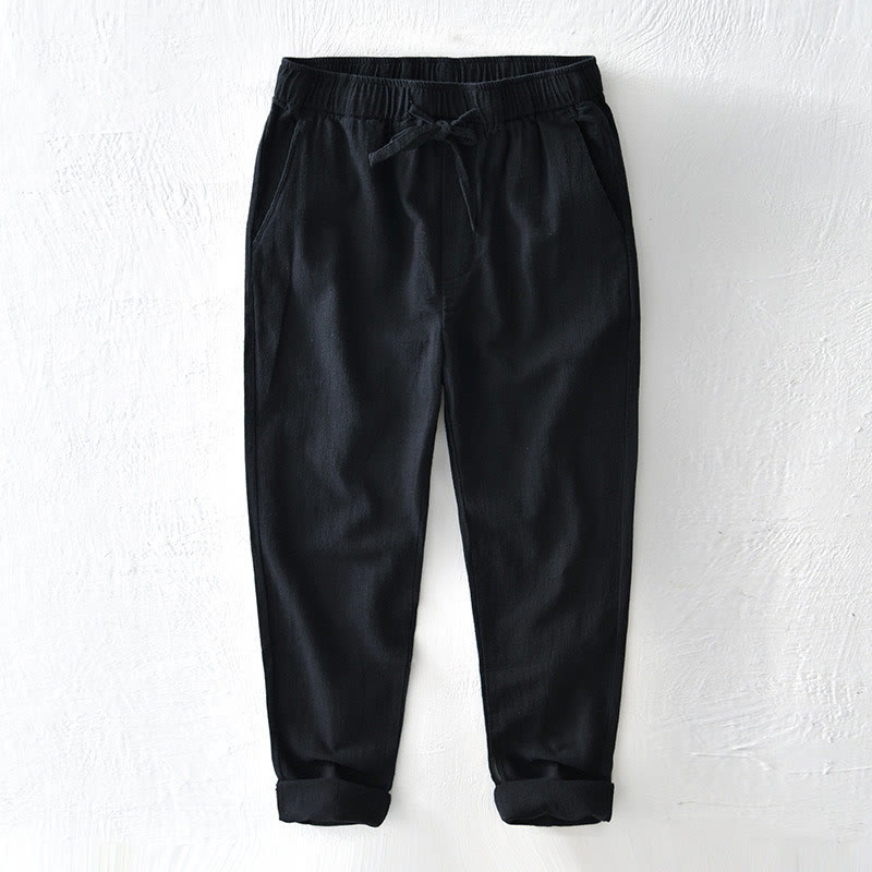 Pantaloni da uomo in lino ramiè con coulisse, casual, tinta unita, design semplice, con tasche, Buddha Stones - Nero - US/UK/AU44, EU54 (4XL) - image 14