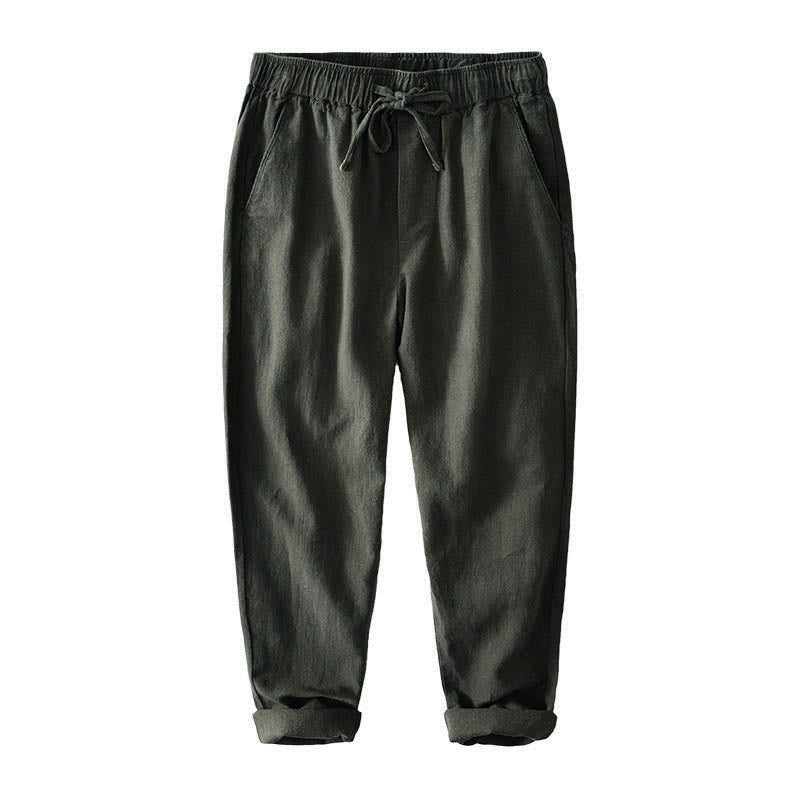 Pantaloni da uomo in lino ramiè con coulisse, casual, tinta unita, design semplice, con tasche, Buddha Stones - image 28