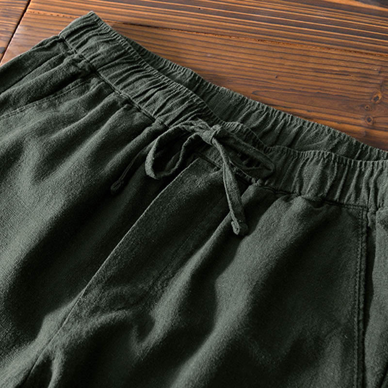 Pantaloni da uomo in lino ramiè con coulisse, casual, tinta unita, design semplice, con tasche, Buddha Stones - image 24