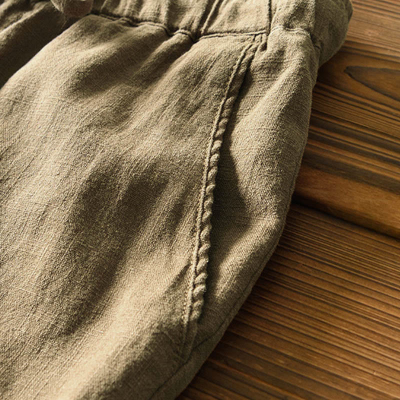 Pantaloni da uomo in lino ramiè con coulisse, casual, tinta unita, design semplice, con tasche, Buddha Stones - image 32