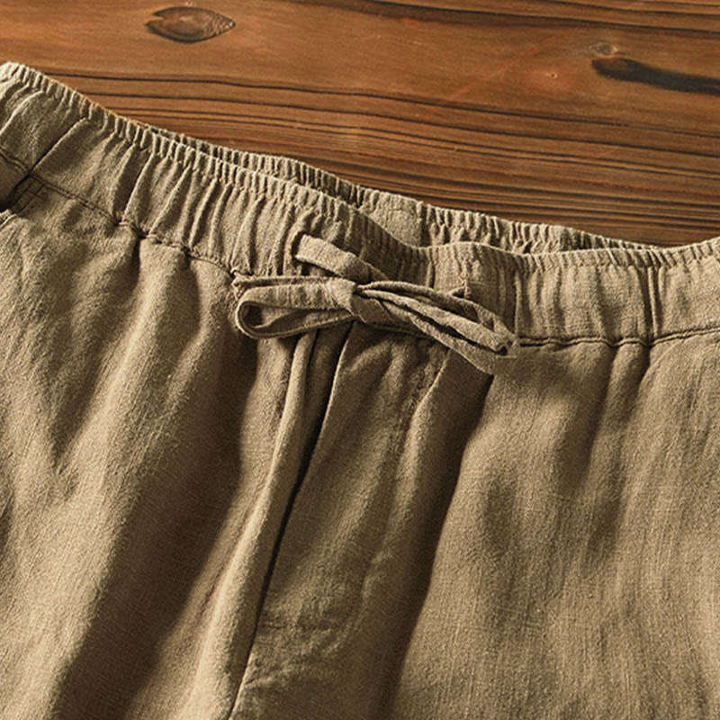Pantaloni da uomo in lino ramiè con coulisse, casual, tinta unita, design semplice, con tasche, Buddha Stones - image 31
