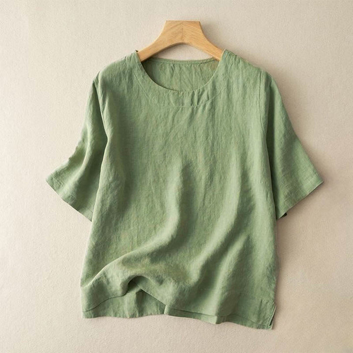 Maglietta da donna in cotone con spacchi laterali, semplice e a maniche corte, con scollo rotondo e motivo Buddha Stones - Verde chiaro - US12, UK/AU16, EU44 (3XL) - image 4