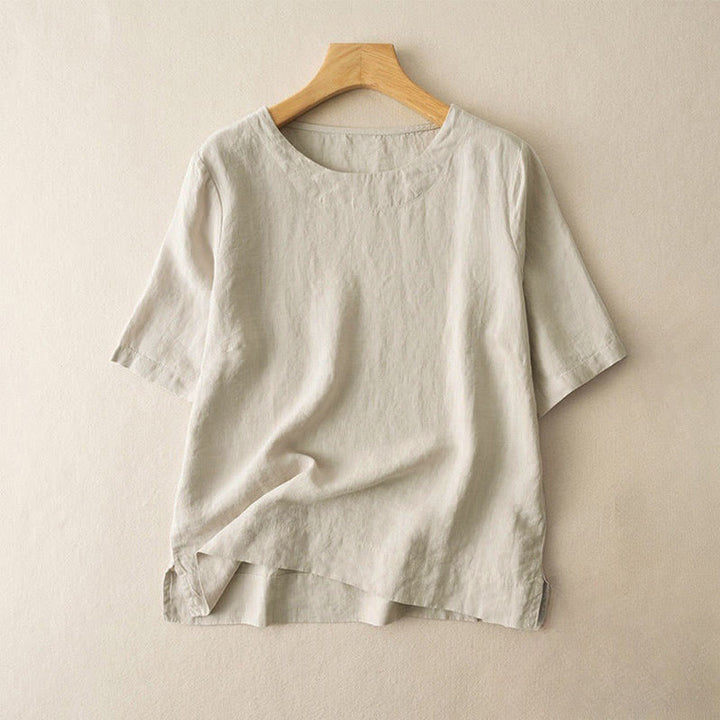 Maglietta da donna in cotone con spacchi laterali, semplice e a maniche corte, con scollo rotondo e motivo Buddha Stones - Beige - US12, UK/AU16, EU44 (3XL) - image 6