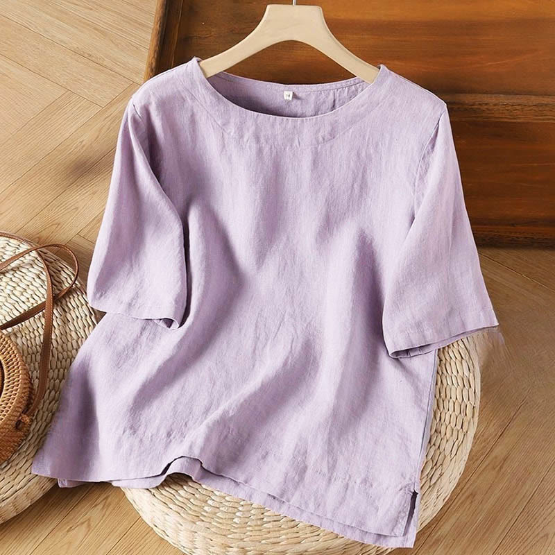 Maglietta da donna in cotone con spacchi laterali, semplice e a maniche corte, con scollo rotondo e motivo Buddha Stones - Prugna - US12, UK/AU16, EU44 (3XL) - image 1