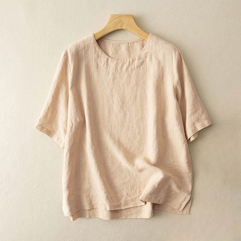 Maglietta da donna in cotone con spacchi laterali, semplice e a maniche corte, con scollo rotondo e motivo Buddha Stones - Cachi - US8-10, UK/AU12-14, EU40-42 (3XL) - image 2