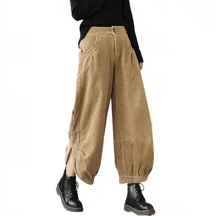 Pantaloni da donna in velluto a coste con tasche e bottoni decorativi, modello casual con Buddha Stones e apertura sulla gamba. - image 8