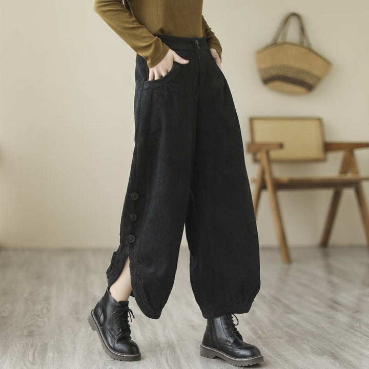 Pantaloni da donna in velluto a coste con tasche e bottoni decorativi, modello casual con Buddha Stones e apertura sulla gamba. - Nero - US8-10, UK/AU12-14, EU40-42 (2XL) - image 6