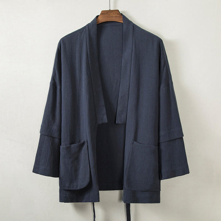 Giacca da uomo in cotone e lino, a maniche lunghe, con tasche, aperta sul davanti, motivo Buddha Stones Pure Color - Blu notte - US/UK/AU48, EU58 (4XL) - image 1