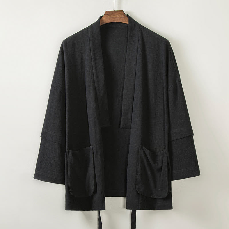 Giacca da uomo in cotone e lino, a maniche lunghe, con tasche, aperta sul davanti, motivo Buddha Stones Pure Color - Nero - US/UK/AU48, EU58 (4XL) - image 6