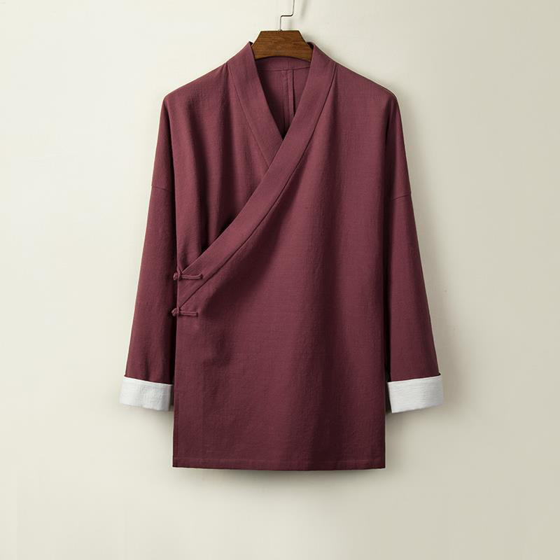 Buddha Stones con bottoni cinesi a forma di rana, maniche lunghe e design aperto sul davanti, kimono da uomo in cotone e lino - Rosso scuro - US/UK/AU44, EU54 (4XL) - image 4