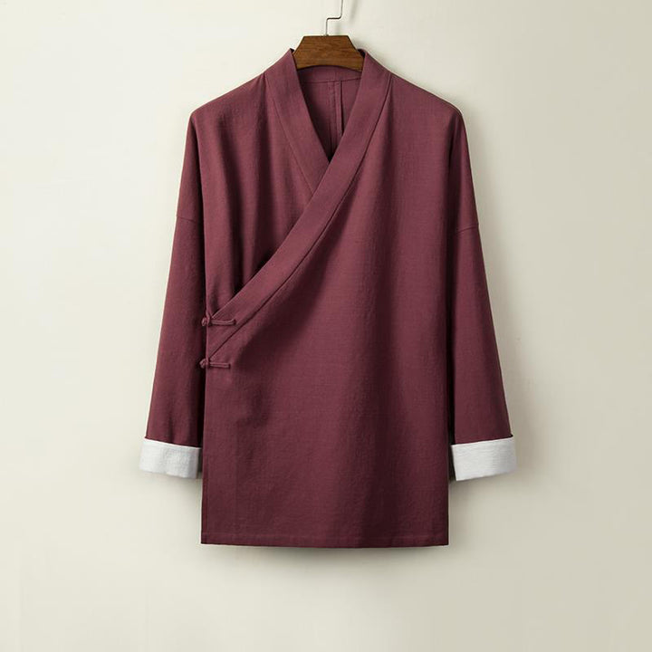 Buddha Stones con bottoni cinesi a forma di rana, maniche lunghe e design aperto sul davanti, kimono da uomo in cotone e lino - Rosso scuro - US/UK/AU44, EU54 (4XL) - image 4