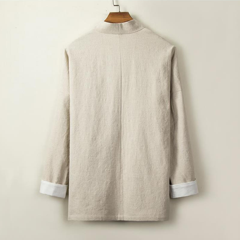 Buddha Stones con bottoni cinesi a forma di rana, maniche lunghe e design aperto sul davanti, kimono da uomo in cotone e lino - image 1