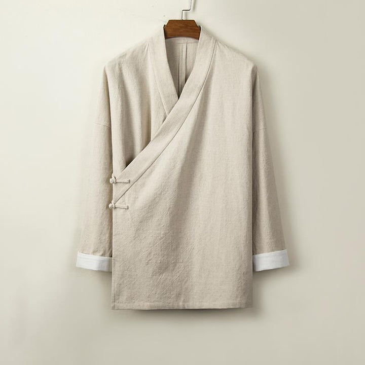 Buddha Stones con bottoni cinesi a forma di rana, maniche lunghe e design aperto sul davanti, kimono da uomo in cotone e lino - Beige - US/UK/AU44, EU54 (4XL) - image 0