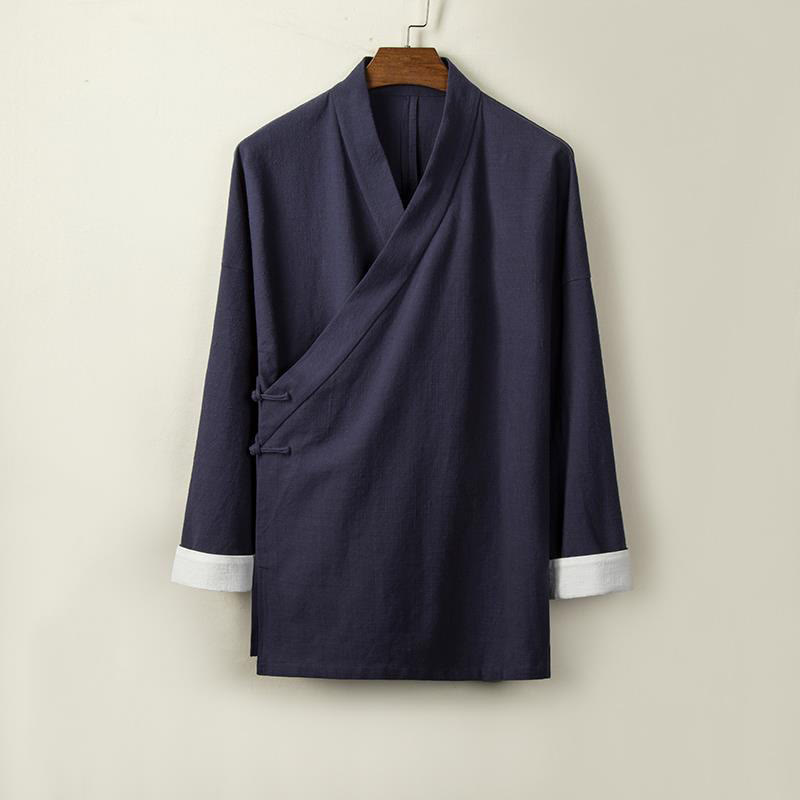 Buddha Stones con bottoni cinesi a forma di rana, maniche lunghe e design aperto sul davanti, kimono da uomo in cotone e lino - Blu notte - US/UK/AU44, EU54 (4XL) - image 7