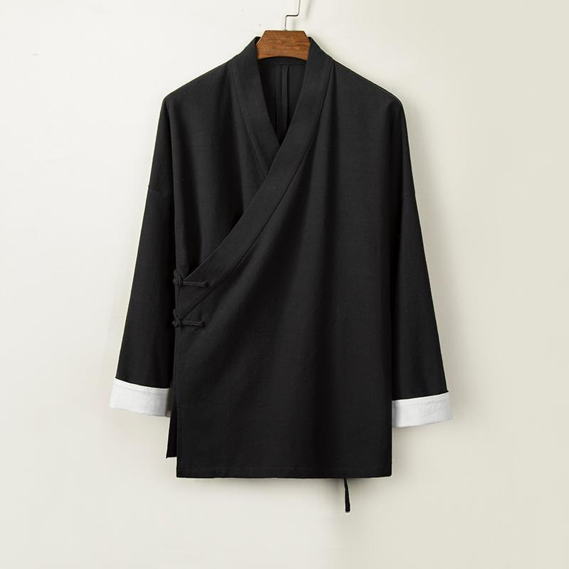 Buddha Stones con bottoni cinesi a forma di rana, maniche lunghe e design aperto sul davanti, kimono da uomo in cotone e lino - Nero - US/UK/AU44, EU54 (4XL) - image 2