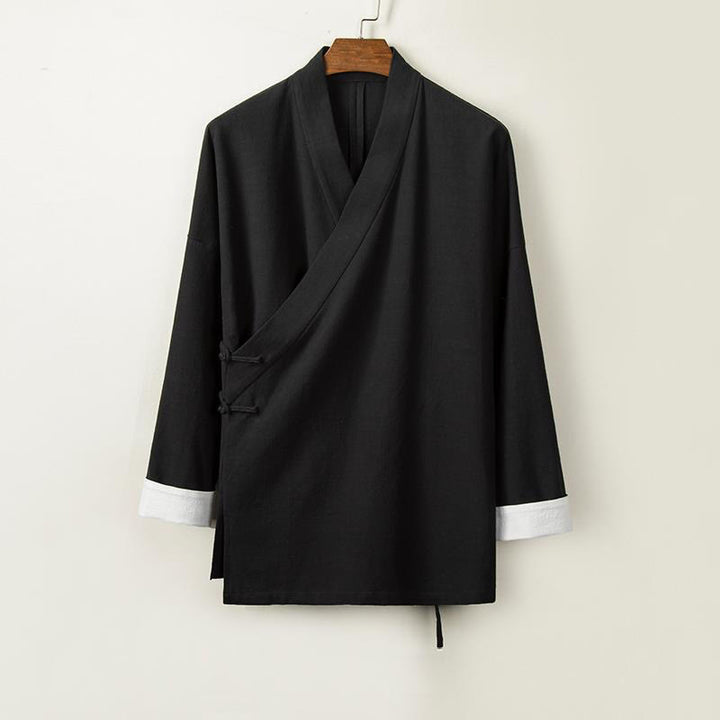 Buddha Stones con bottoni cinesi a forma di rana, maniche lunghe e design aperto sul davanti, kimono da uomo in cotone e lino - Nero - US/UK/AU44, EU54 (4XL) - image 3