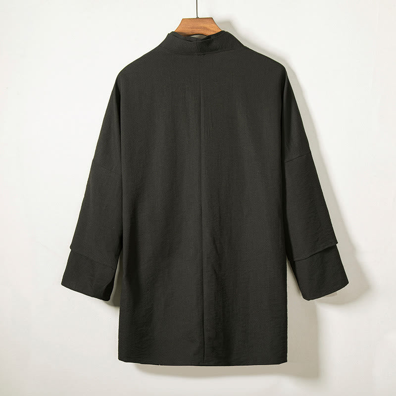 Giacca da uomo in cotone e lino con maniche lunghe, kimono aperto sul davanti, motivo Buddha Stones , allacciatura - image 2