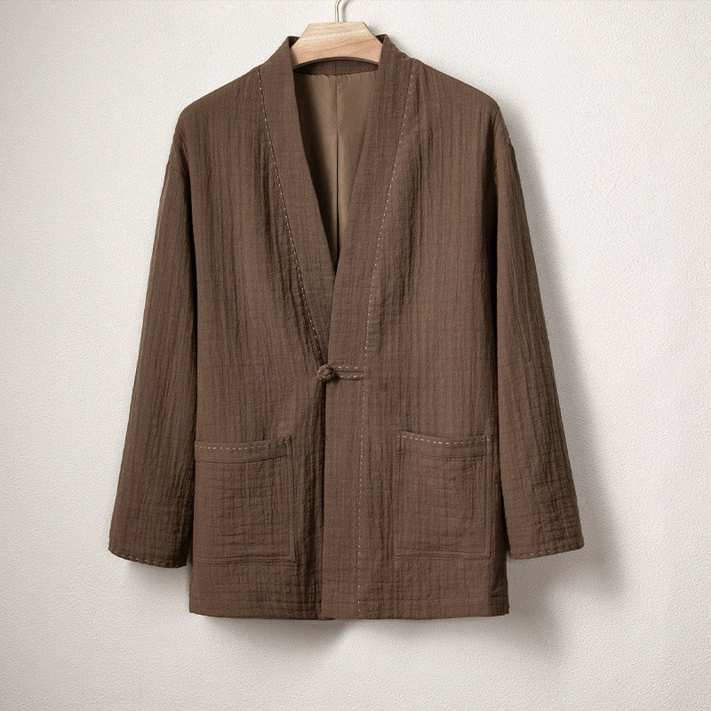 Giacca da uomo in lino e cotone con maniche lunghe, aperta sul davanti, con bottoni a rana, modello Buddha Stones - Marrone sella - US/UK/AU48, EU58 (4XL) - image 1