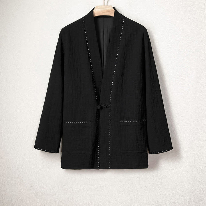 Giacca da uomo in lino e cotone con maniche lunghe, aperta sul davanti, con bottoni a rana, modello Buddha Stones - Nero - US/UK/AU48, EU58 (4XL) - image 7