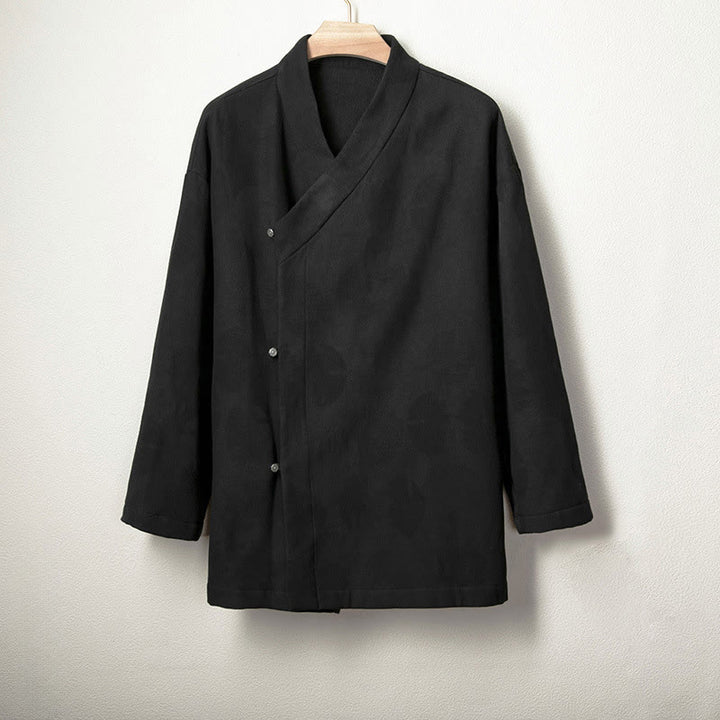 Giacca-camicia da uomo in cotone e lino con maniche lunghe e fodera in pile, con bottoni in jacquard Buddha Stones - Nero - US/UK/AU46, EU56 (4XL) - image 5