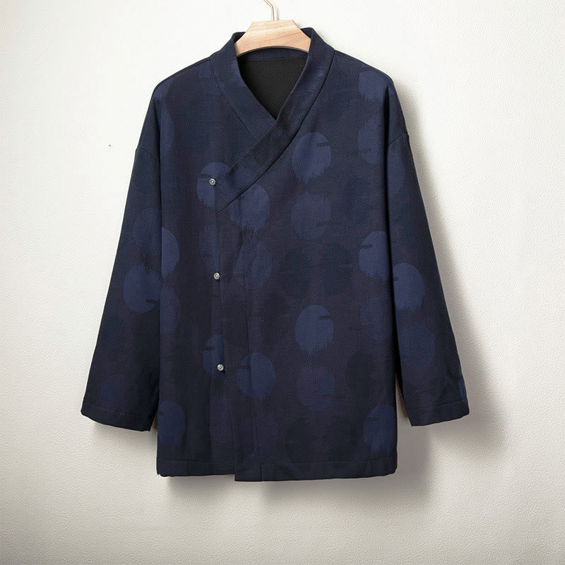 Giacca-camicia da uomo in cotone e lino con maniche lunghe e fodera in pile, con bottoni in jacquard Buddha Stones - Blu notte - US/UK/AU46, EU56 (4XL) - image 0