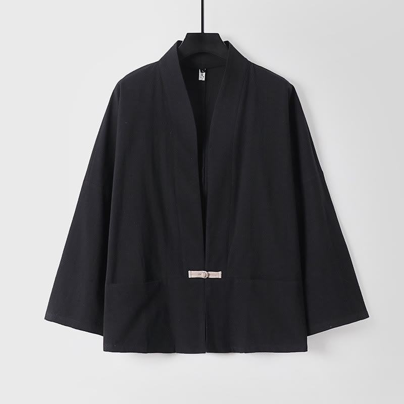 Giacca kimono da uomo in cotone e lino con tasche e maniche lunghe, motivo Buddha Stones, bottoni e apertura frontale - Nero - US/UK/AU54, EU64 (9XL) - image 2