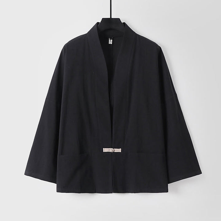 Giacca kimono da uomo in cotone e lino con tasche e maniche lunghe, motivo Buddha Stones, bottoni e apertura frontale - Nero - US/UK/AU54, EU64 (9XL) - image 2