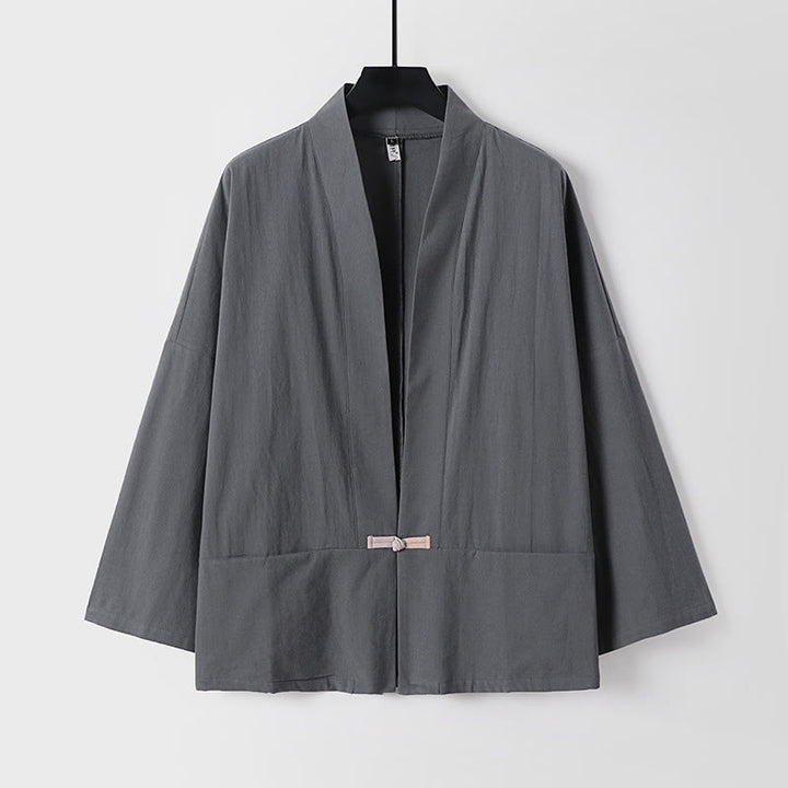 Giacca kimono da uomo in cotone e lino con tasche e maniche lunghe, motivo Buddha Stones, bottoni e apertura frontale - Grigio scuro - US/UK/AU54, EU64 (9XL) - image 1