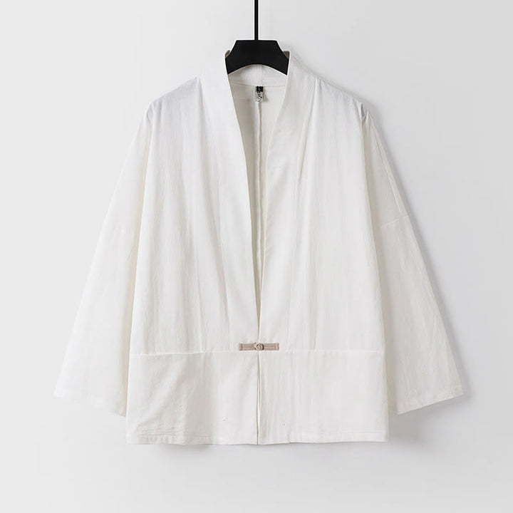 Giacca kimono da uomo in cotone e lino con tasche e maniche lunghe, motivo Buddha Stones, bottoni e apertura frontale - Bianco - US/UK/AU54, EU64 (9XL) - image 2