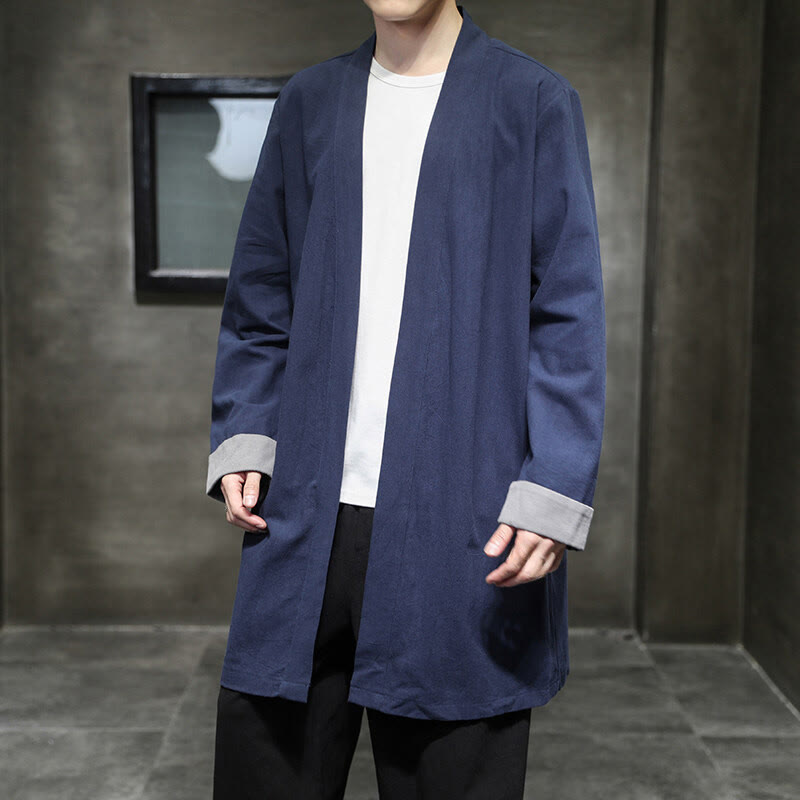 Giacca kimono zen da uomo in cotone e lino con maniche lunghe e apertura frontale, motivo Buddha Stones - image 3