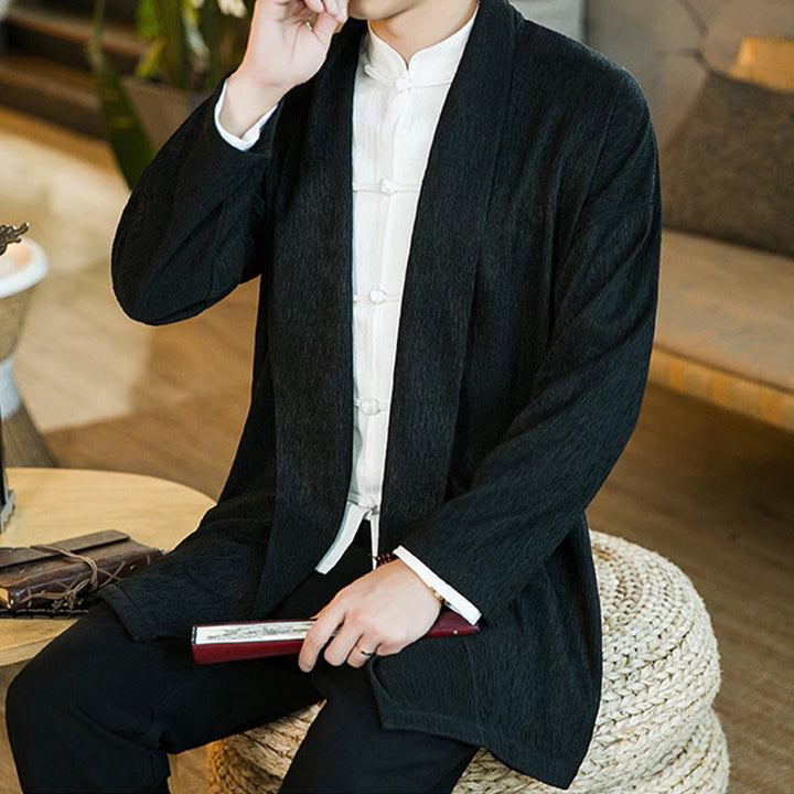 Giacca kimono da uomo a maniche lunghe in cotone e lino con apertura frontale, colore puro, motivo Buddha Stones Spring - image 8