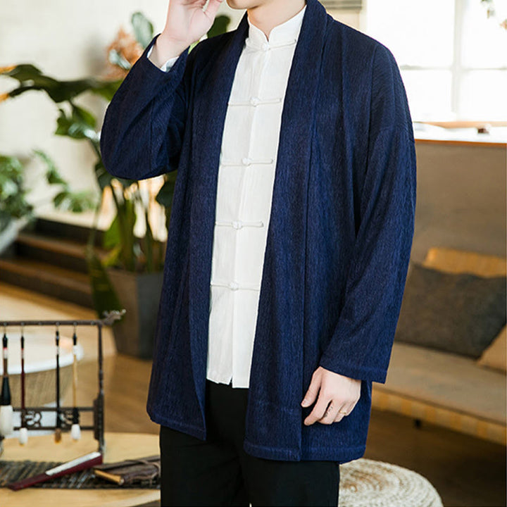 Giacca kimono da uomo a maniche lunghe in cotone e lino con apertura frontale, colore puro, motivo Buddha Stones Spring - image 14