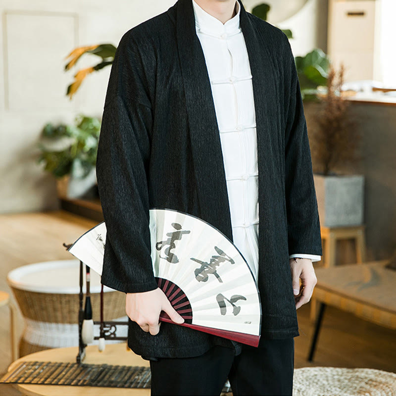 Giacca kimono da uomo a maniche lunghe in cotone e lino con apertura frontale, colore puro, motivo Buddha Stones Spring - image 2