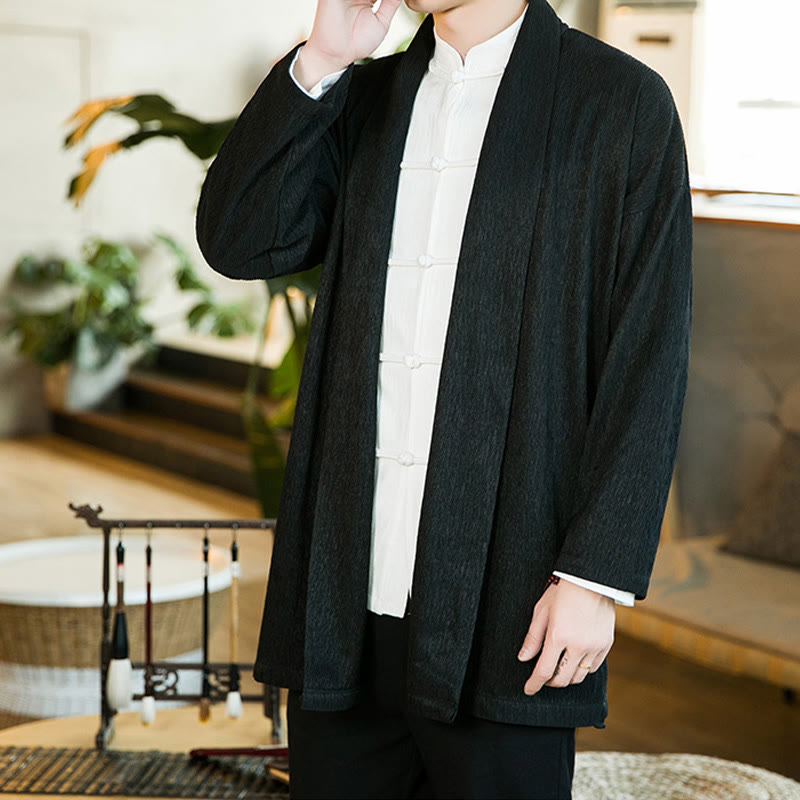 Giacca kimono da uomo a maniche lunghe in cotone e lino con apertura frontale, colore puro, motivo Buddha Stones Spring - image 4
