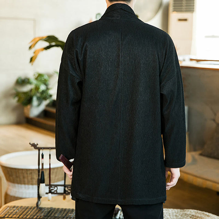 Giacca kimono da uomo a maniche lunghe in cotone e lino con apertura frontale, colore puro, motivo Buddha Stones Spring - image 3