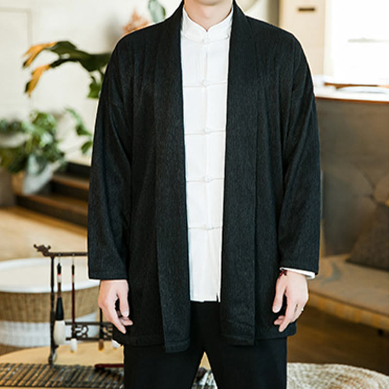 Giacca kimono da uomo a maniche lunghe in cotone e lino con apertura frontale, colore puro, motivo Buddha Stones Spring - image 5