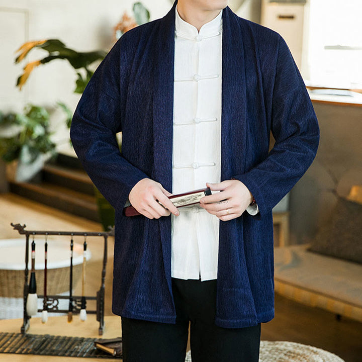 Giacca kimono da uomo a maniche lunghe in cotone e lino con apertura frontale, colore puro, motivo Buddha Stones Spring - image 15