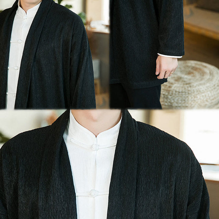 Giacca kimono da uomo a maniche lunghe in cotone e lino con apertura frontale, colore puro, motivo Buddha Stones Spring - image 9