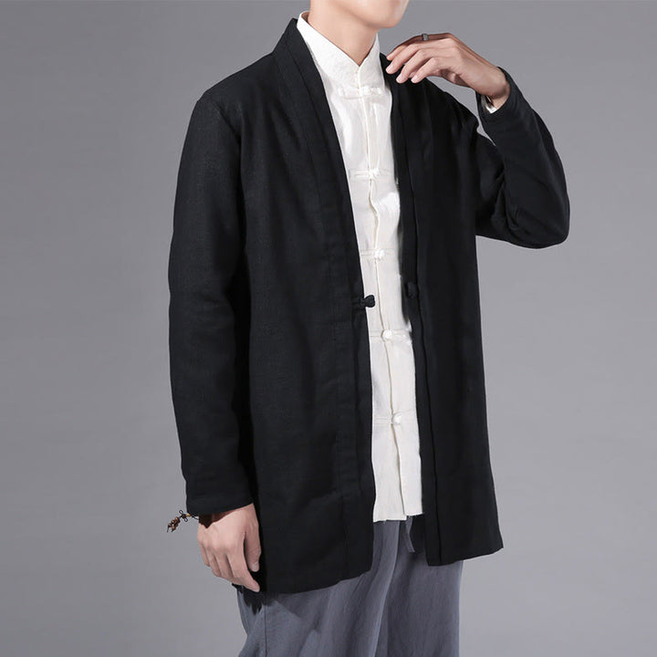 Giacca kimono da uomo a maniche lunghe in cotone e lino, con motivo semplice e aperto sul davanti, motivo Buddha Stones - Nero - US/UK/AU42, EU52 (3XL) - image 12