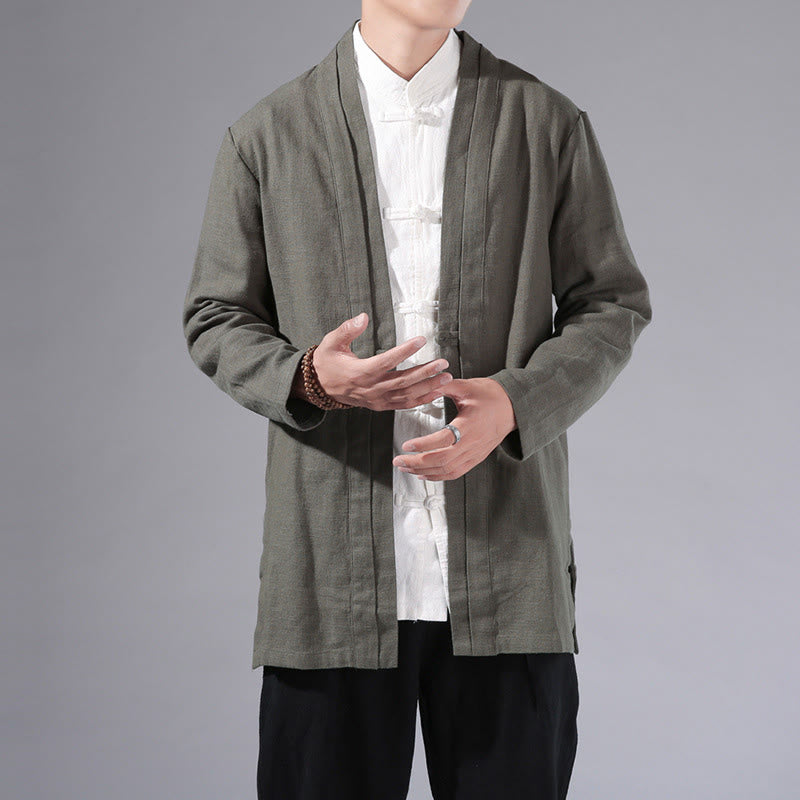 Giacca kimono da uomo a maniche lunghe in cotone e lino, con motivo semplice e aperto sul davanti, motivo Buddha Stones - DarkSeaGreen - US/UK/AU42, EU52 (3XL) - image 1