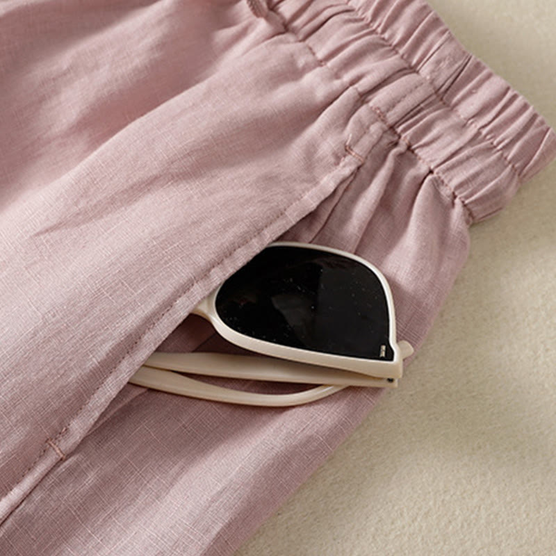 Pantaloni larghi da donna in cotone e lino con coulisse, modello Buddha Stones Commute, modello semplice, con tasche - image 25