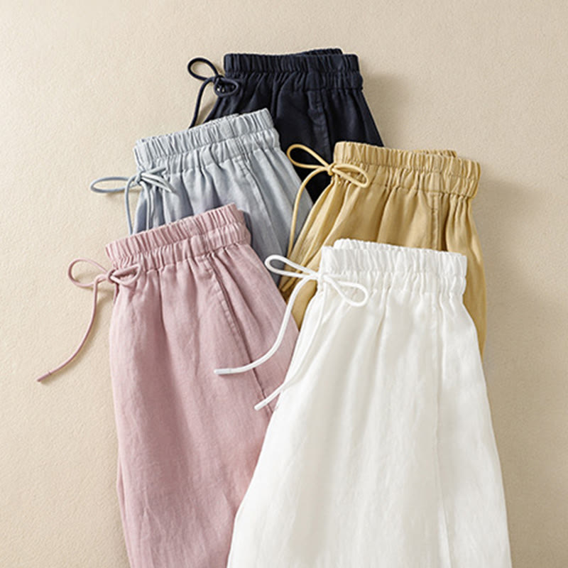 Pantaloni larghi da donna in cotone e lino con coulisse, modello Buddha Stones Commute, modello semplice, con tasche - image 36