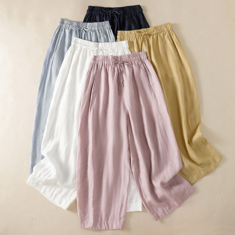 Pantaloni larghi da donna in cotone e lino con coulisse, modello Buddha Stones Commute, modello semplice, con tasche - image 35