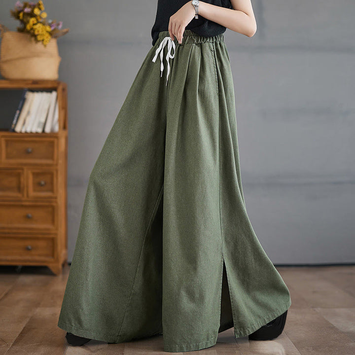 Pantaloni larghi da donna in cotone con apertura a fessura e tasche, stile retrò Buddha Stones - Verde oliva - US12, UK/AU16, EU44 (3XL) - image 6