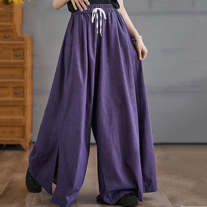 Pantaloni larghi da donna in cotone con apertura a fessura e tasche, stile retrò Buddha Stones - image 4