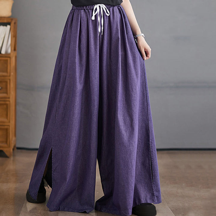 Pantaloni larghi da donna in cotone con apertura a fessura e tasche, stile retrò Buddha Stones - image 5