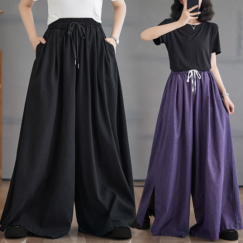 Pantaloni larghi da donna in cotone con apertura a fessura e tasche, stile retrò Buddha Stones - image 24